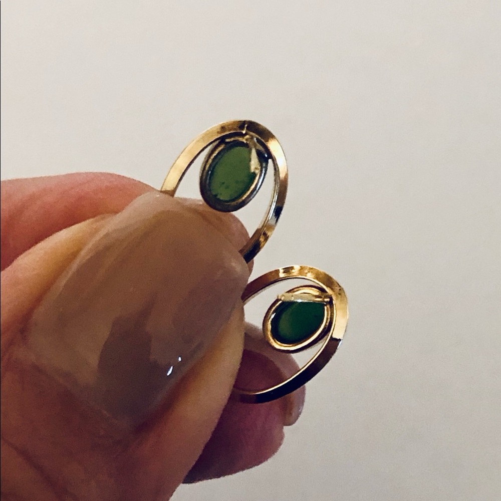 Gold Hoop Earrings with Green Stone - Picture 3 of 7
